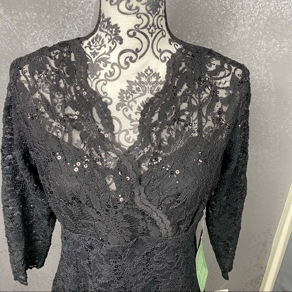 Blu Sage black lace sequin v-neck illusion knee length party formal dress - Picture 3 of 10